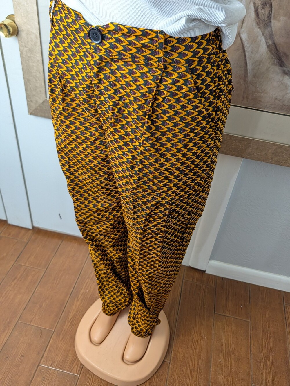 Mae Ottis Patterned Yellow & Black High-Waist Pants 4 Functional Pockets Size M